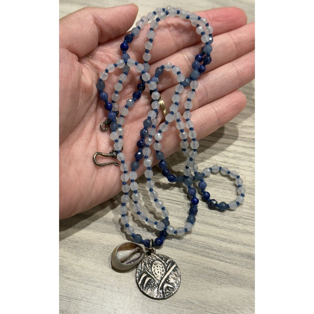 Chan Luu 925 Silver 36" Long Cowrie Shell & Pendant‎ Necklace Blue